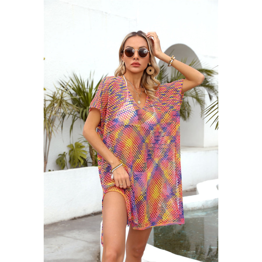 Openwork Contrast Short Sleeve Cover-Up Apparel and Accessories