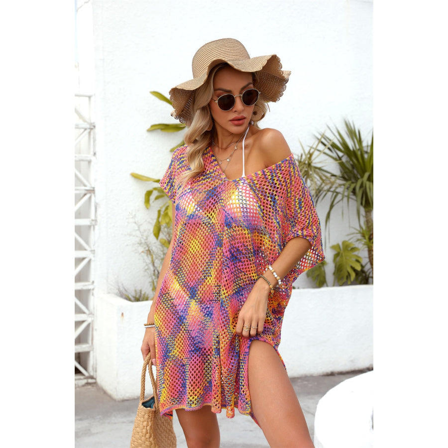 Openwork Contrast Short Sleeve Cover-Up Apparel and Accessories