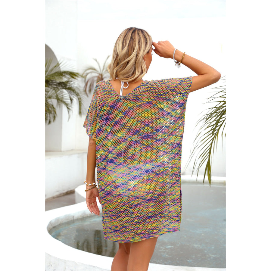 Openwork Contrast Short Sleeve Cover-Up Apparel and Accessories