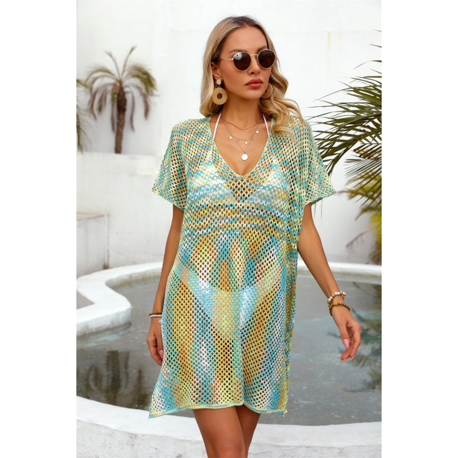 Openwork Contrast Short Sleeve Cover-Up Turquoise / One Size Apparel and Accessories