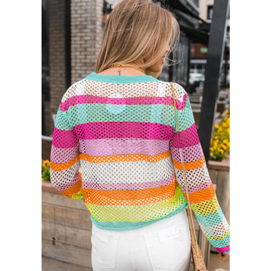 Openwork Contrast Striped Round Neck Knit Top Apparel and Accessories