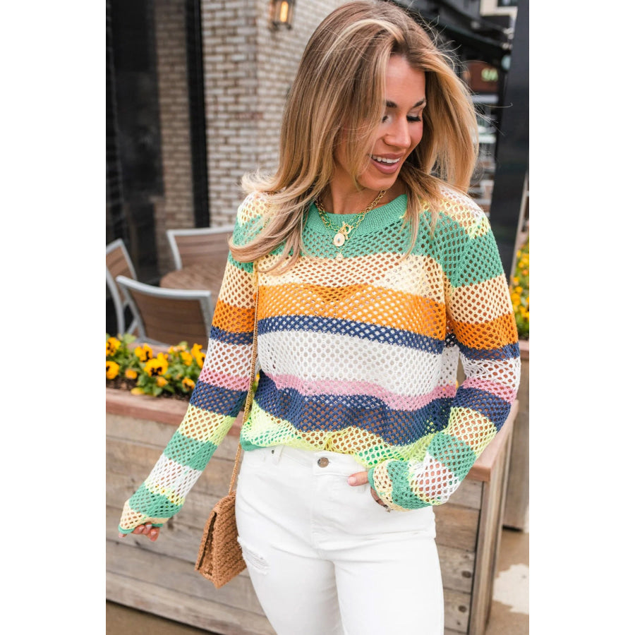 Openwork Contrast Striped Round Neck Knit Top Apparel and Accessories