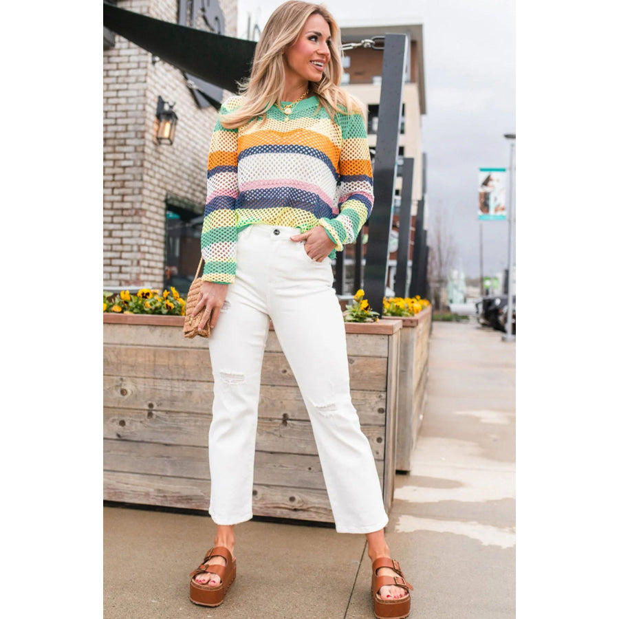 Openwork Contrast Striped Round Neck Knit Top Apparel and Accessories