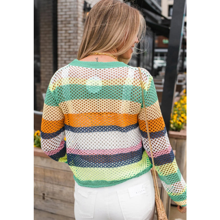 Openwork Contrast Striped Round Neck Knit Top Apparel and Accessories