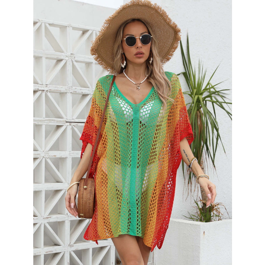 Openwork Contrast V - Neck Cover - Up Apparel and Accessories