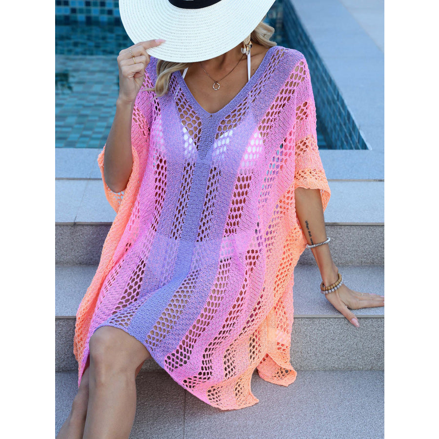 Openwork Contrast V - Neck Cover - Up Apparel and Accessories