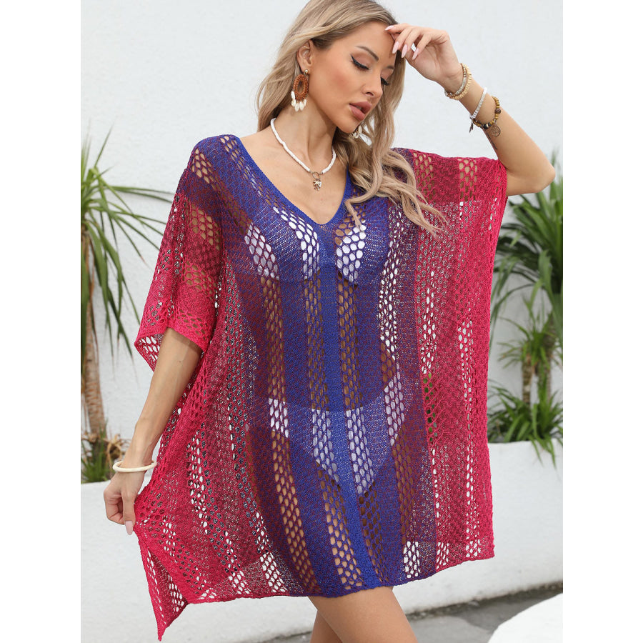 Openwork Contrast V - Neck Cover - Up Apparel and Accessories