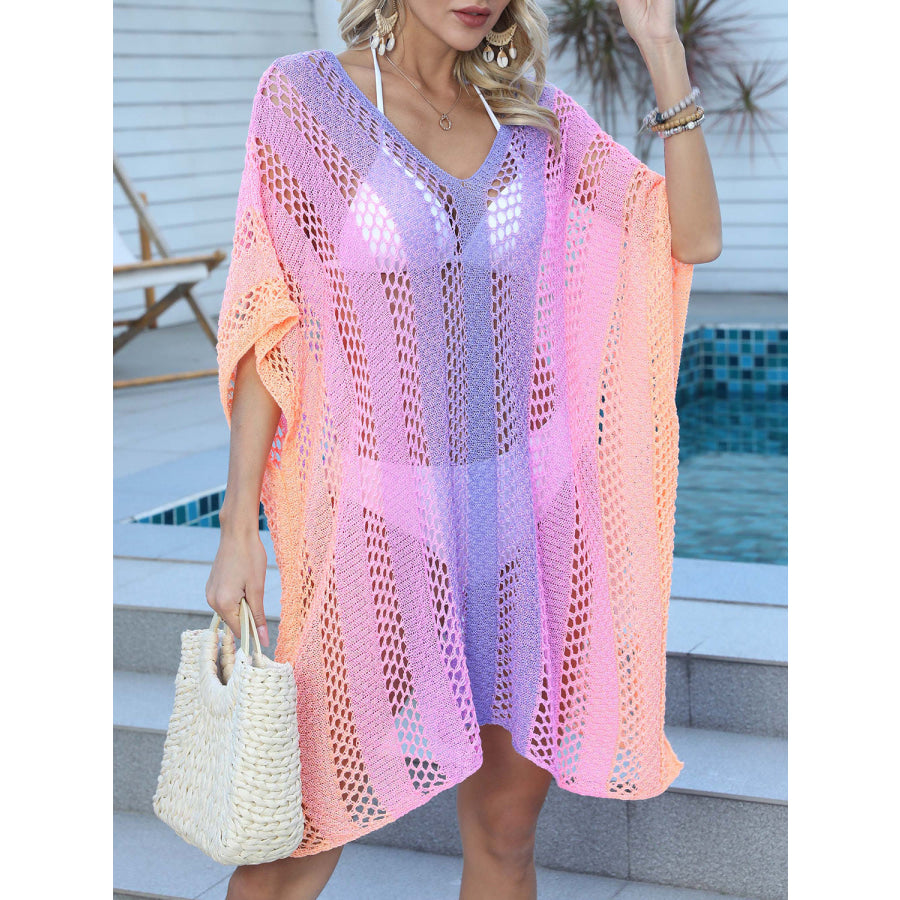 Openwork Contrast V - Neck Cover - Up Heliotrope Purple / One Size Apparel and Accessories