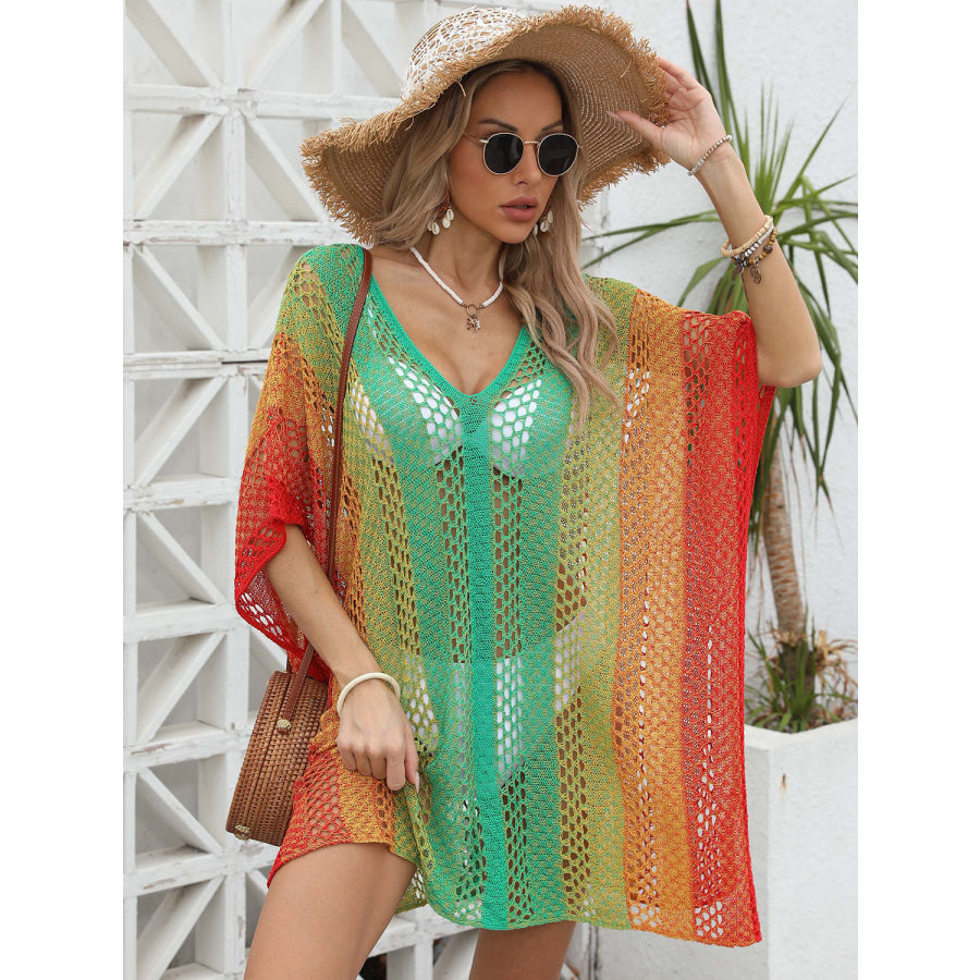 Openwork Contrast V - Neck Cover - Up Mid Green / One Size Apparel and Accessories