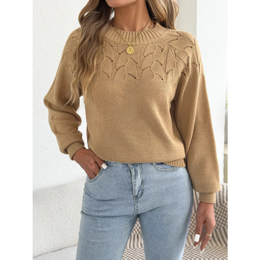 Openwork Crew Neck Sweater Apparel and Accessories