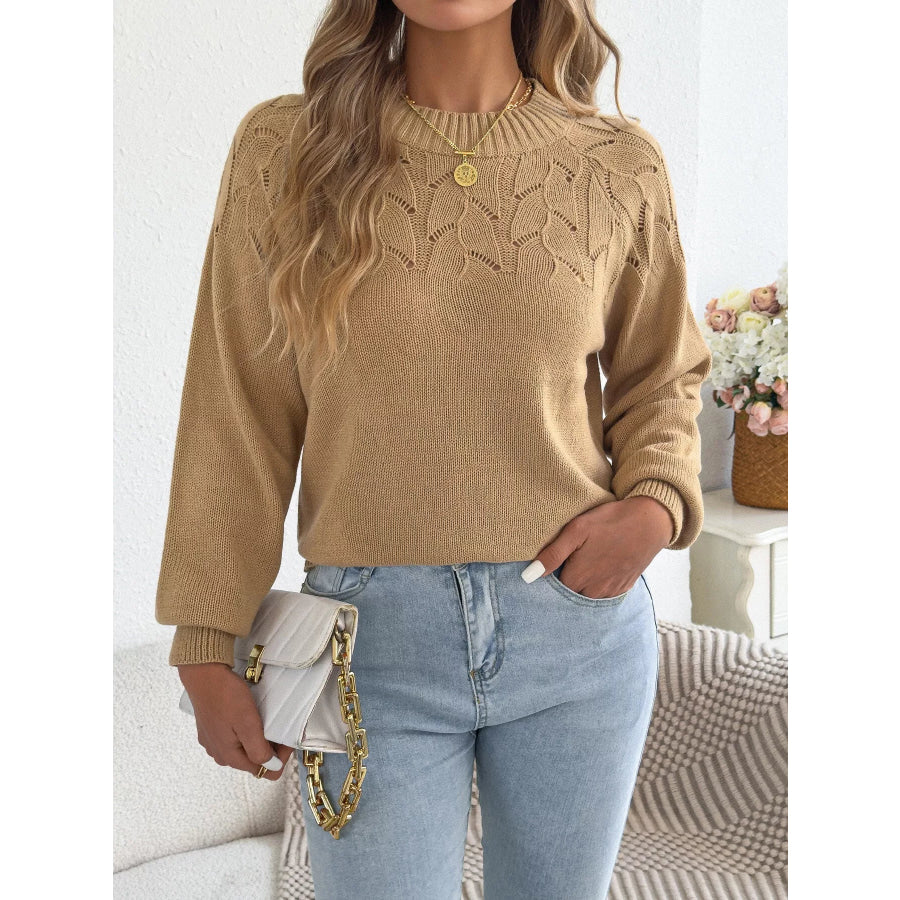 Openwork Crew Neck Sweater Apparel and Accessories