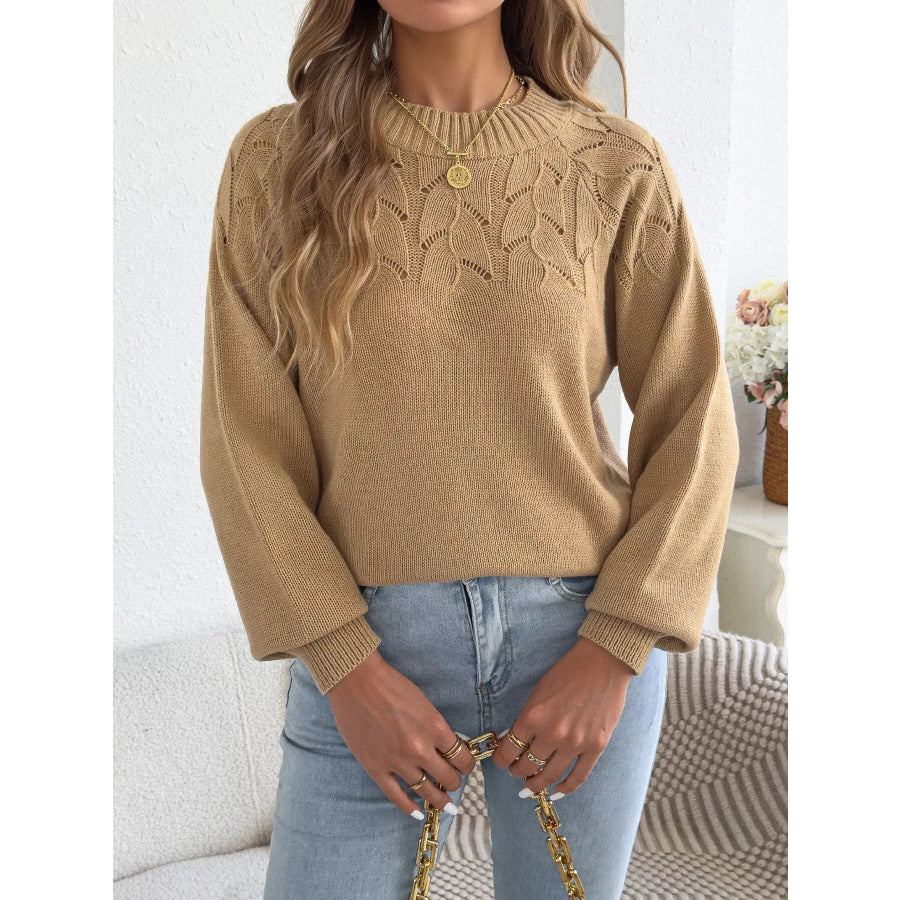 Openwork Crew Neck Sweater Apparel and Accessories