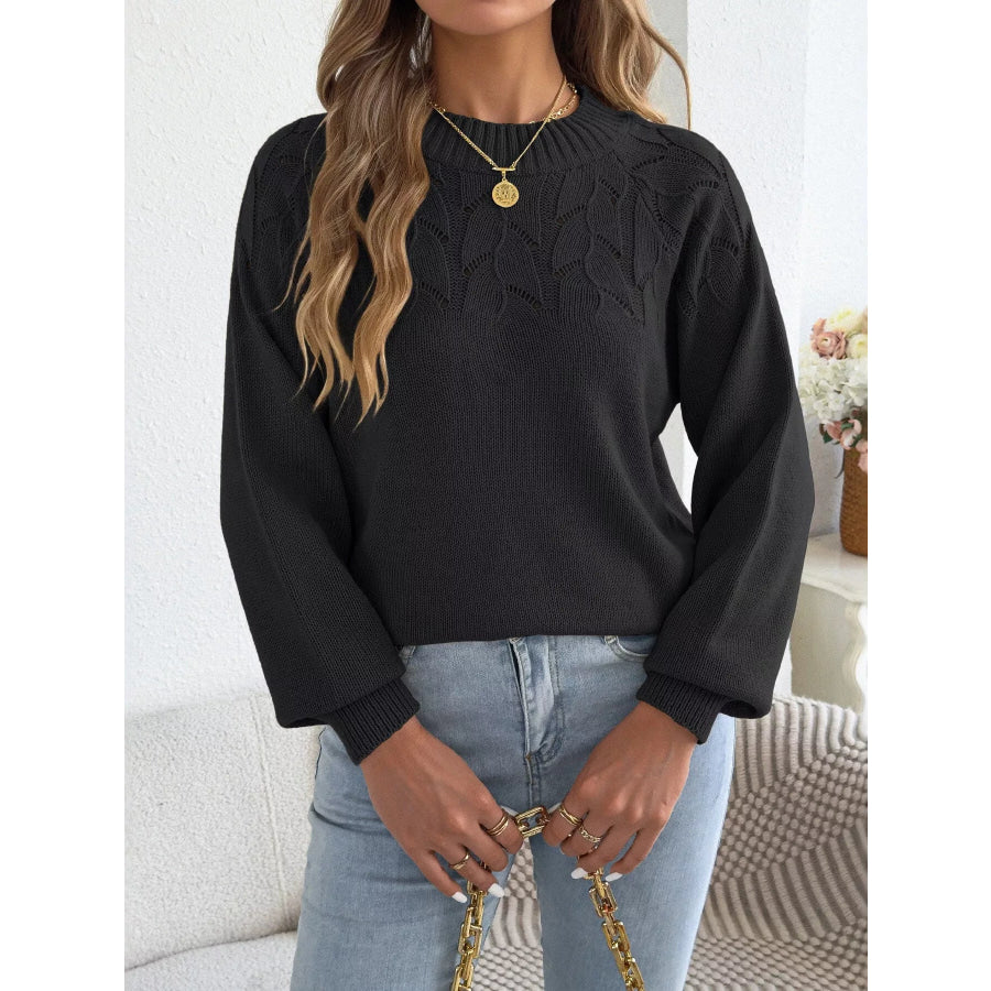 Openwork Crew Neck Sweater Black / S Apparel and Accessories