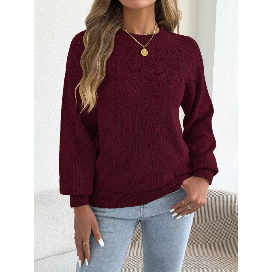 Openwork Crew Neck Sweater Burgundy / S Apparel and Accessories
