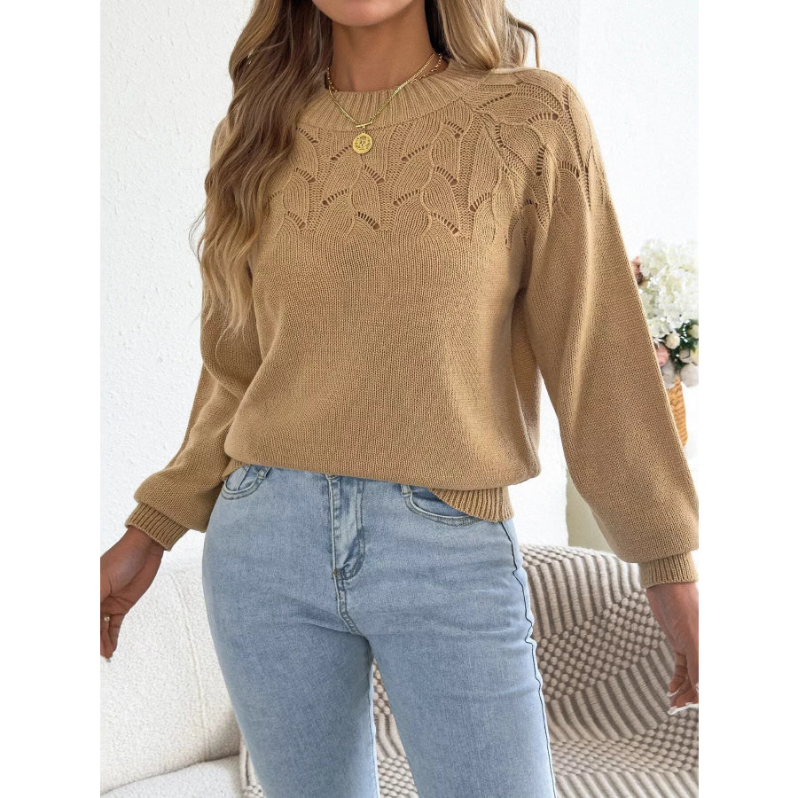 Openwork Crew Neck Sweater Khaki / S Apparel and Accessories