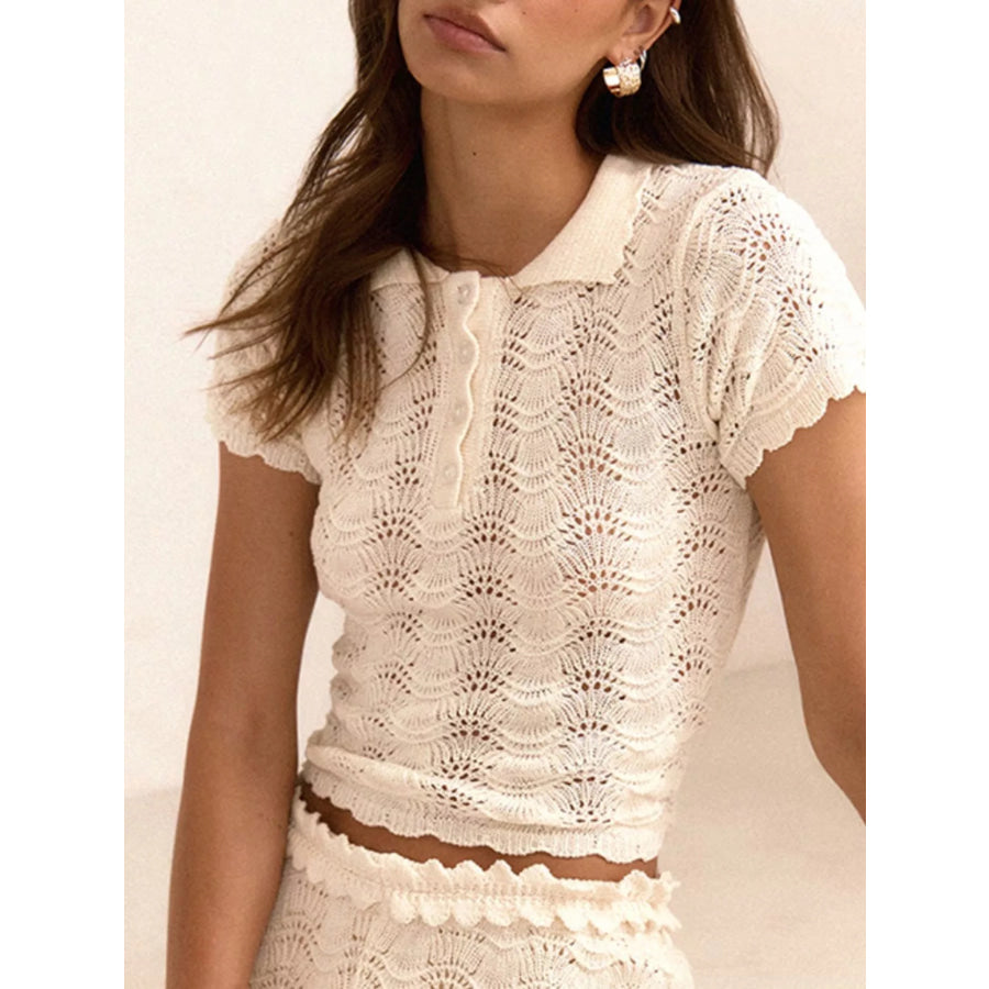 Openwork Crochet Knit Polo Top and Shorts Set Apparel and Accessories