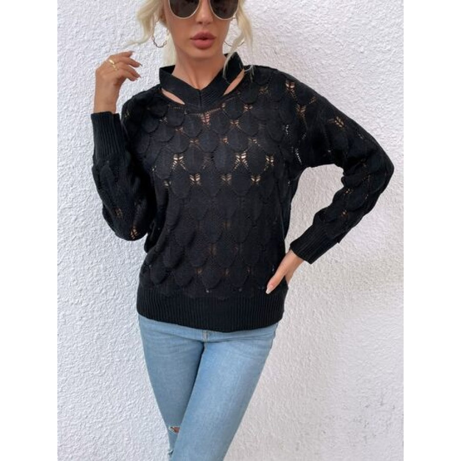 Openwork Cutout Dropped Shoulder Sweater Black / S Clothing