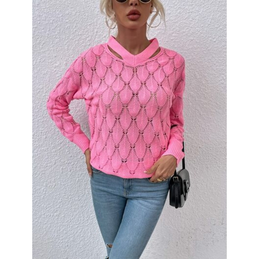 Openwork Cutout Dropped Shoulder Sweater Carnation Pink / S Clothing