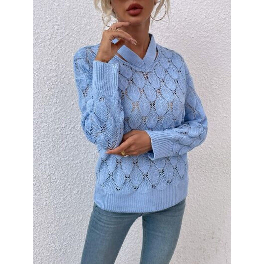 Openwork Cutout Dropped Shoulder Sweater Misty Blue / S Clothing