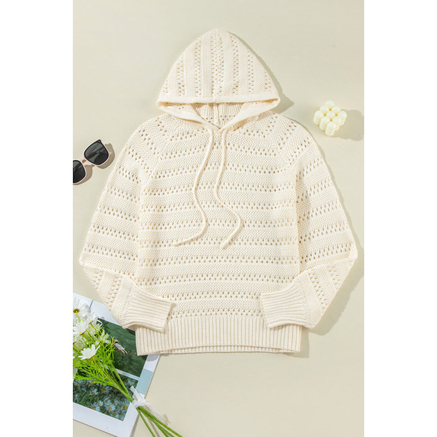 Openwork Drawstring Long Sleeve Hooded Knit Cover Up Beige / S Apparel and Accessories