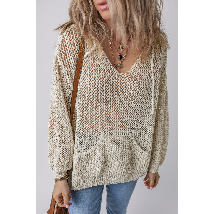 Openwork Dropped Shoulder Hooded Knit Top Apparel and Accessories