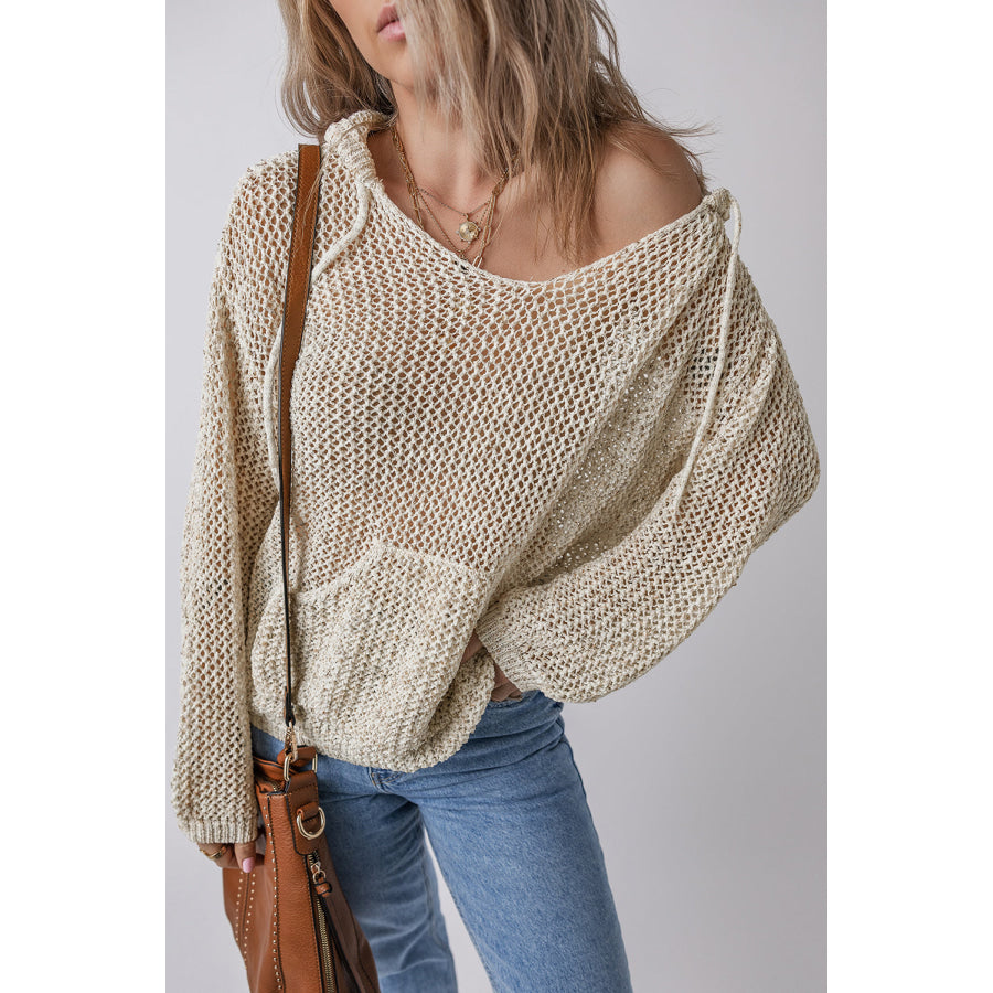 Openwork Dropped Shoulder Hooded Knit Top Apparel and Accessories