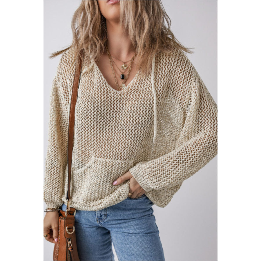 Openwork Dropped Shoulder Hooded Knit Top Beige / S Apparel and Accessories