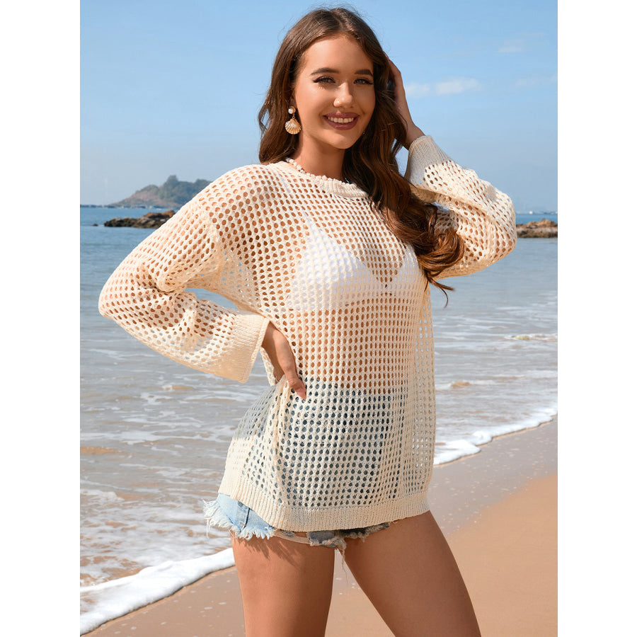 Openwork Dropped Shoulder Long Sleeve Cover - Up Apparel and Accessories