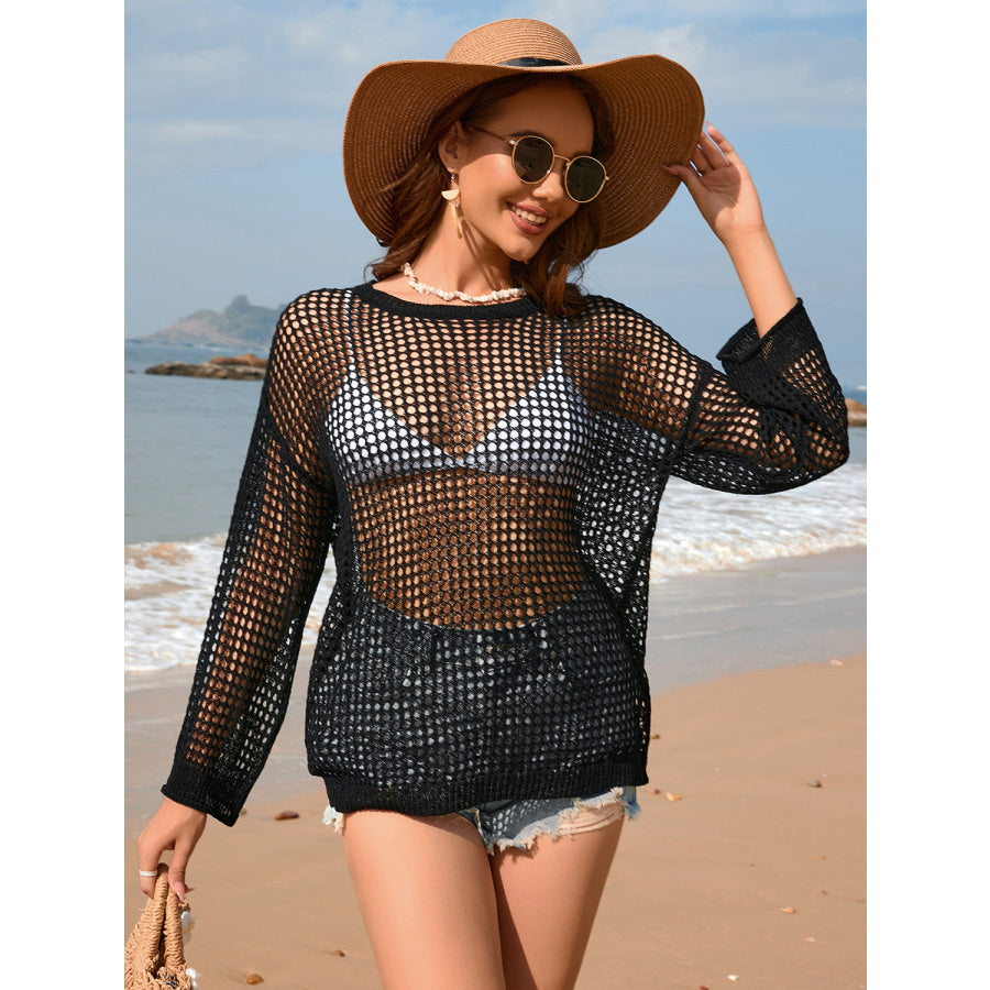 Openwork Dropped Shoulder Long Sleeve Cover - Up Black / S Apparel and Accessories