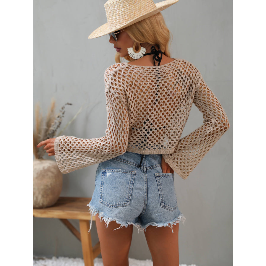 Openwork Flare Sleeve Cropped Cover Up Apparel and Accessories