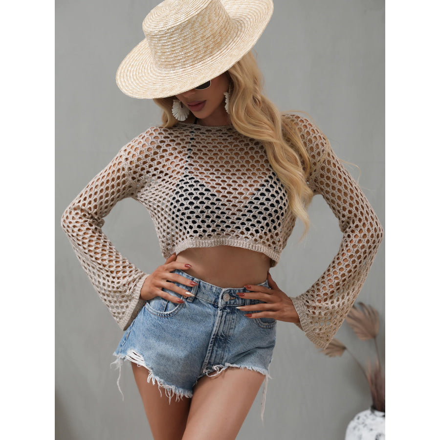 Openwork Flare Sleeve Cropped Cover Up Apparel and Accessories