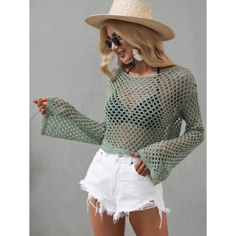 Openwork Flare Sleeve Cropped Cover Up Apparel and Accessories