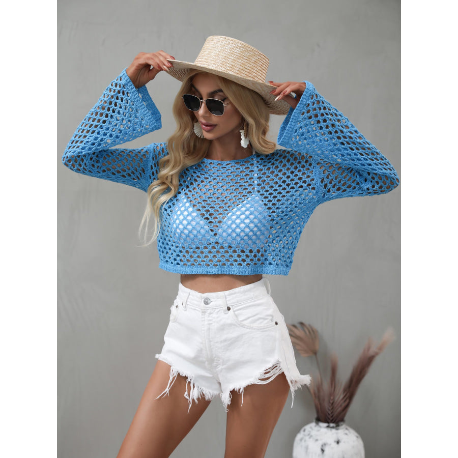 Openwork Flare Sleeve Cropped Cover Up Apparel and Accessories