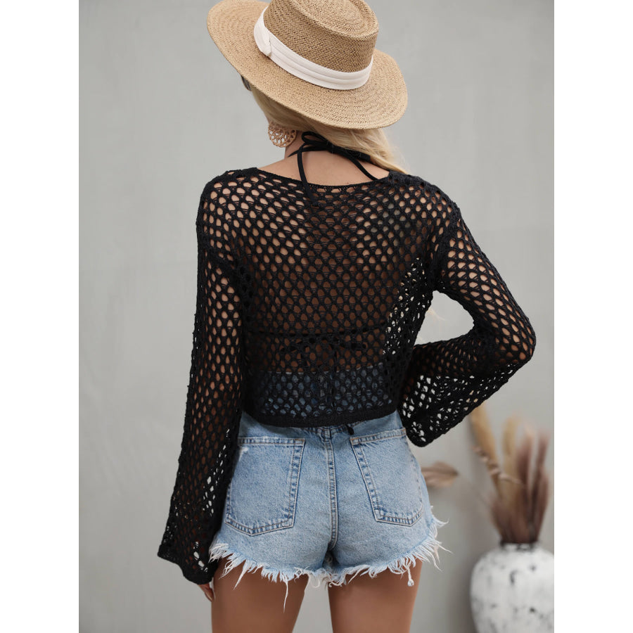 Openwork Flare Sleeve Cropped Cover Up Apparel and Accessories