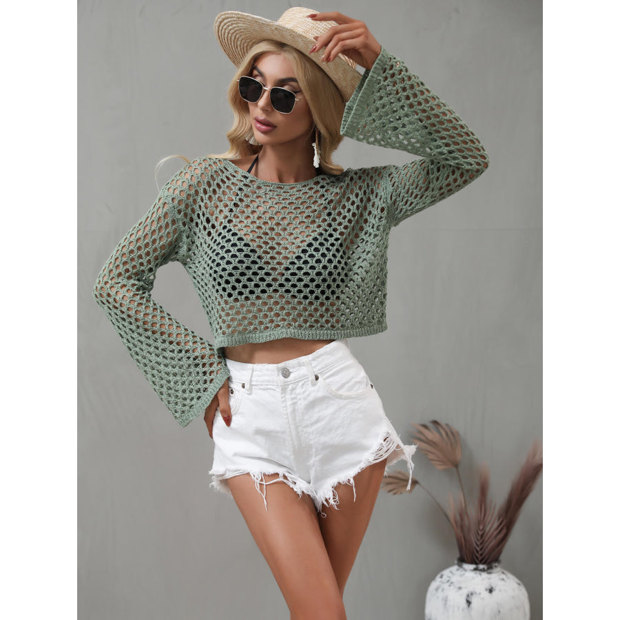 Openwork Flare Sleeve Cropped Cover Up Apparel and Accessories