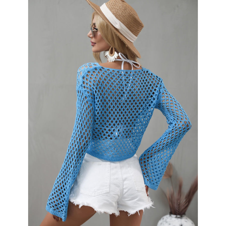 Openwork Flare Sleeve Cropped Cover Up Apparel and Accessories