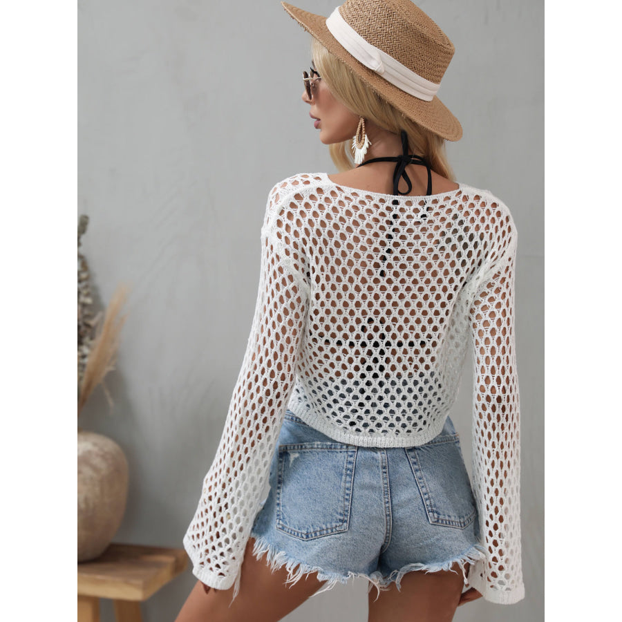 Openwork Flare Sleeve Cropped Cover Up Apparel and Accessories