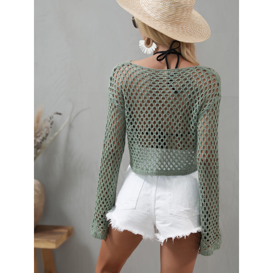 Openwork Flare Sleeve Cropped Cover Up Apparel and Accessories
