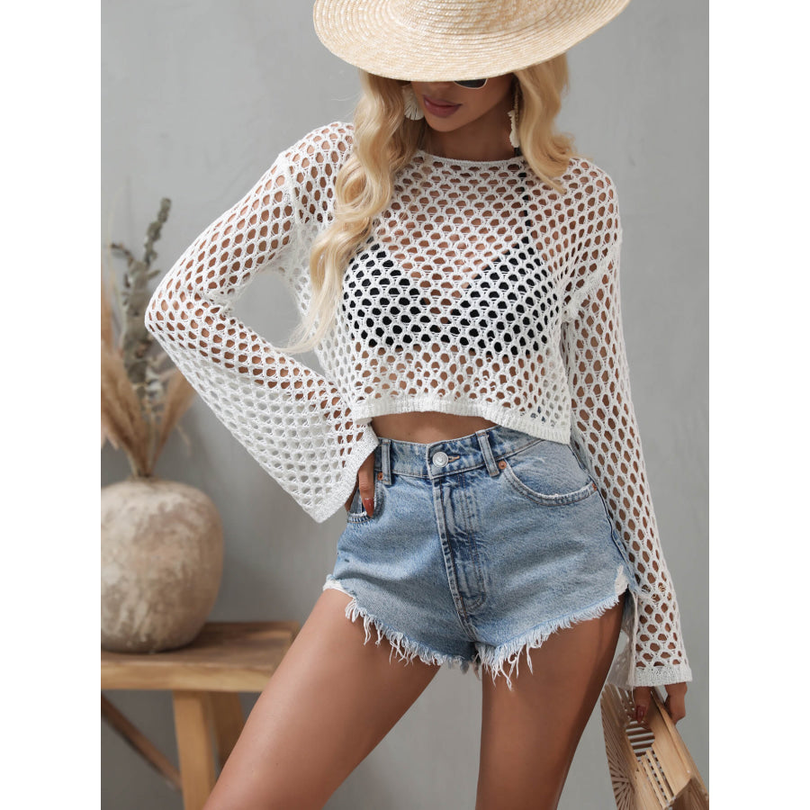 Openwork Flare Sleeve Cropped Cover Up Apparel and Accessories