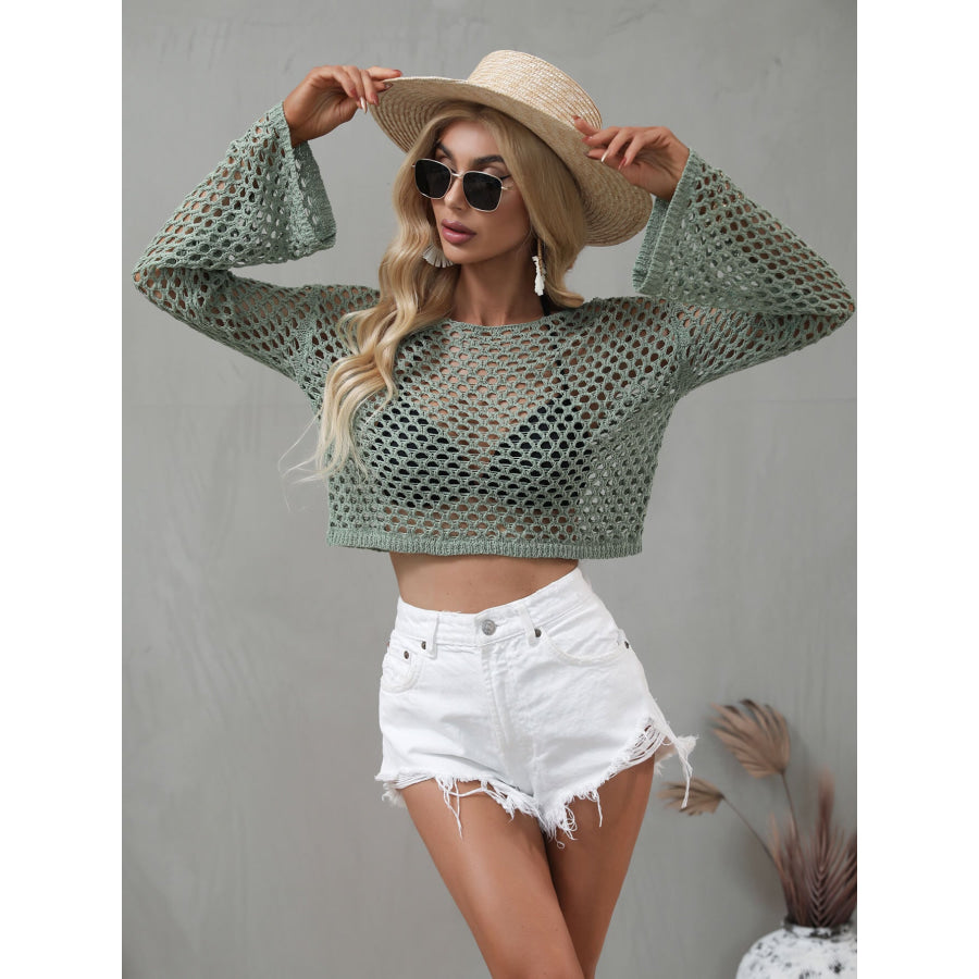 Openwork Flare Sleeve Cropped Cover Up Apparel and Accessories