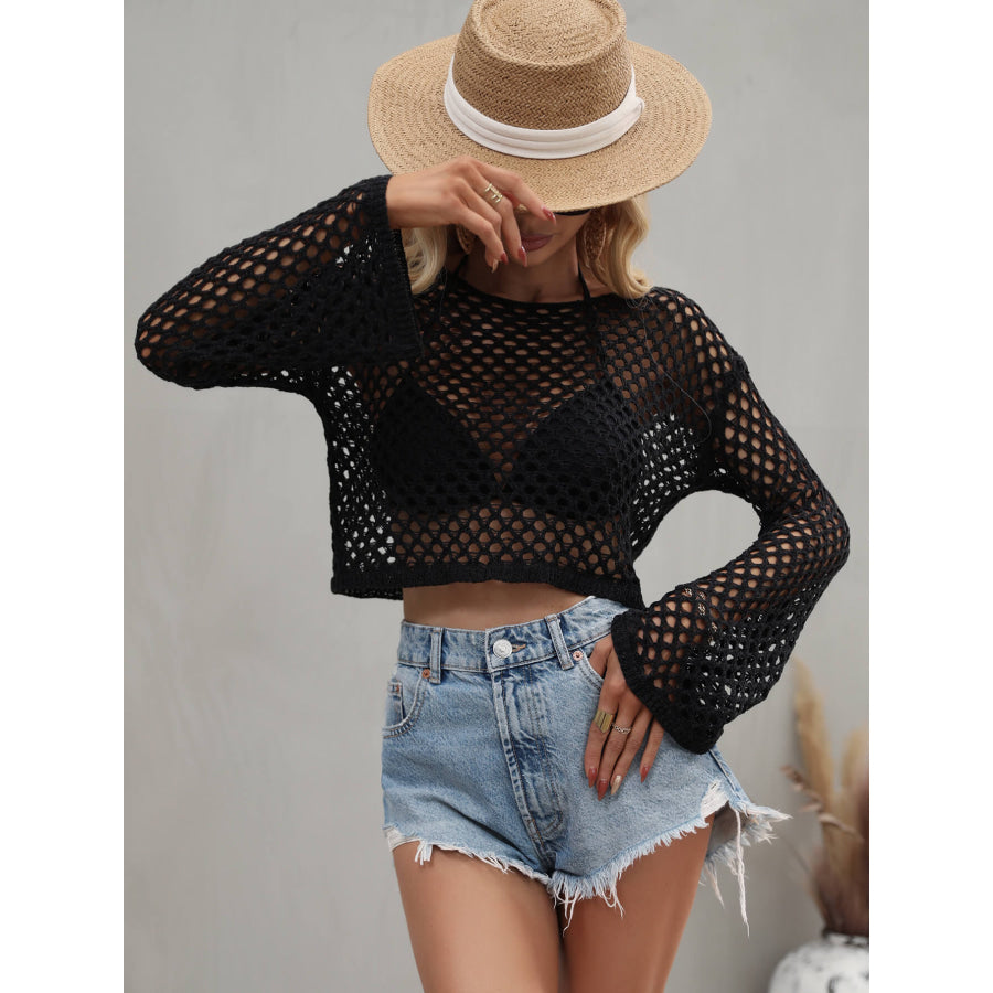 Openwork Flare Sleeve Cropped Cover Up Black / S Apparel and Accessories