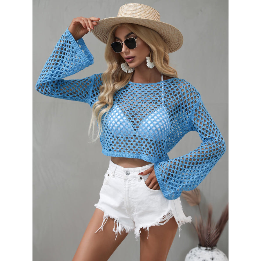 Openwork Flare Sleeve Cropped Cover Up Blue / S Apparel and Accessories