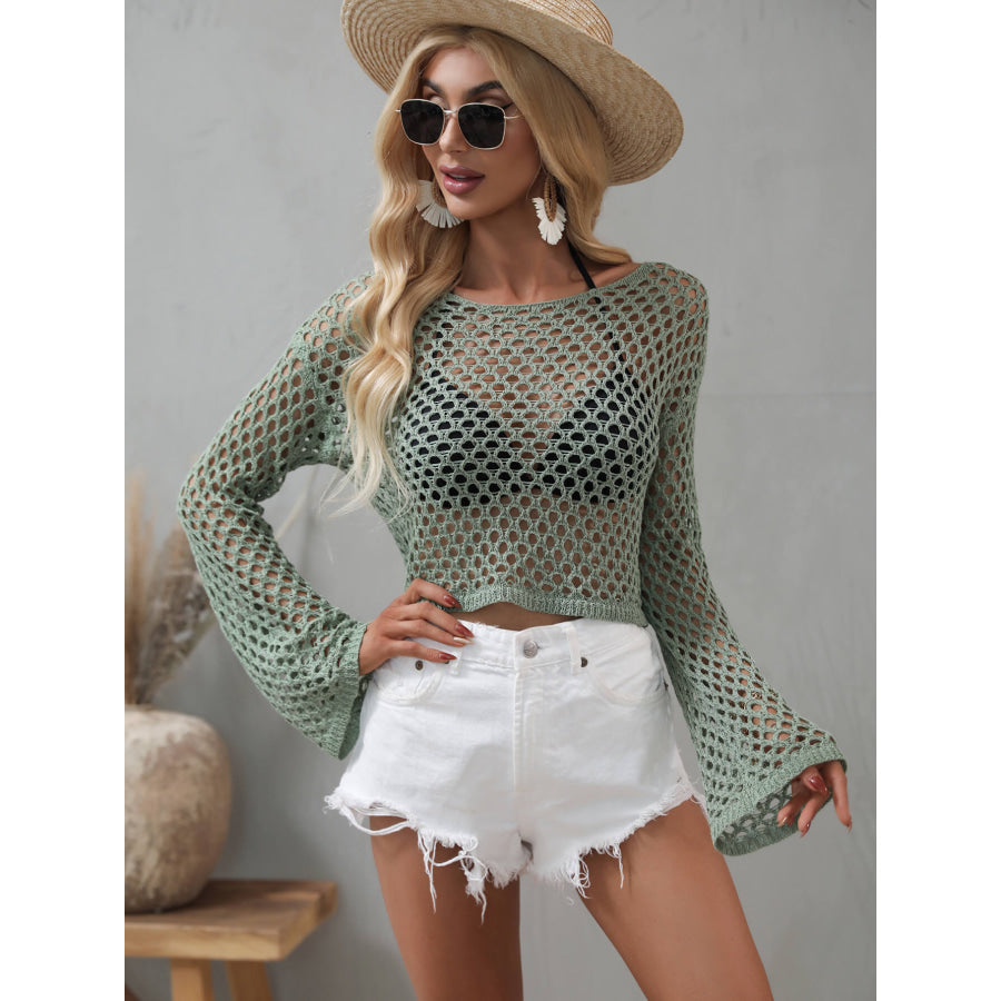 Openwork Flare Sleeve Cropped Cover Up Green / S Apparel and Accessories