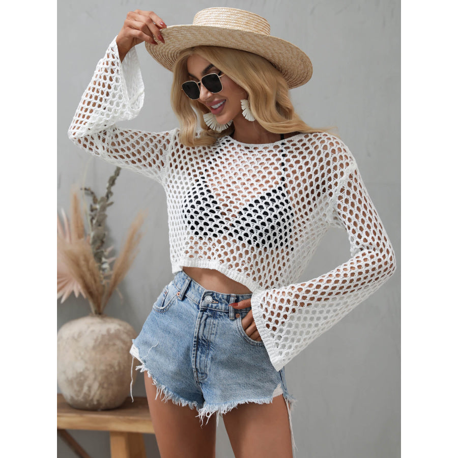 Openwork Flare Sleeve Cropped Cover Up White / S Apparel and Accessories