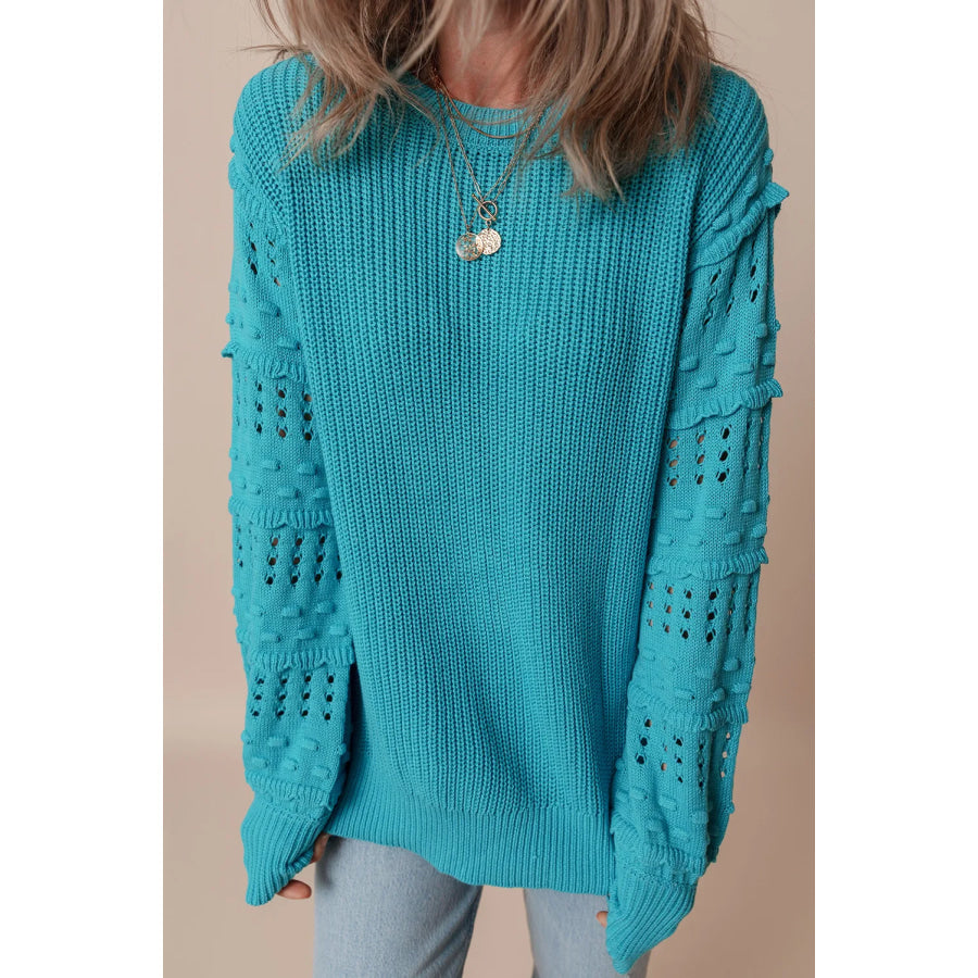 Openwork Frill Round Neck Long Sleeve Sweater Apparel and Accessories