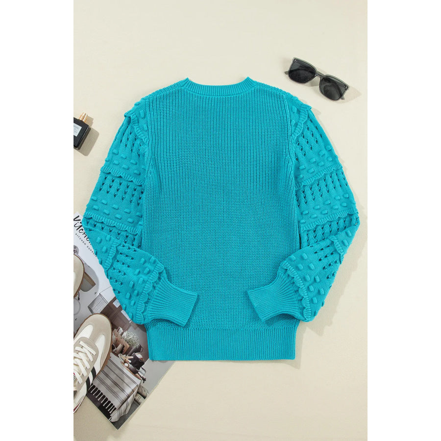 Openwork Frill Round Neck Long Sleeve Sweater Apparel and Accessories