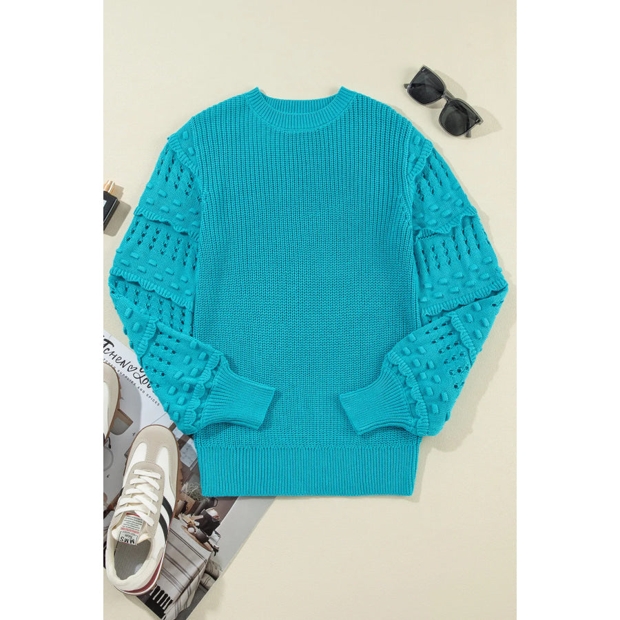 Openwork Frill Round Neck Long Sleeve Sweater Apparel and Accessories