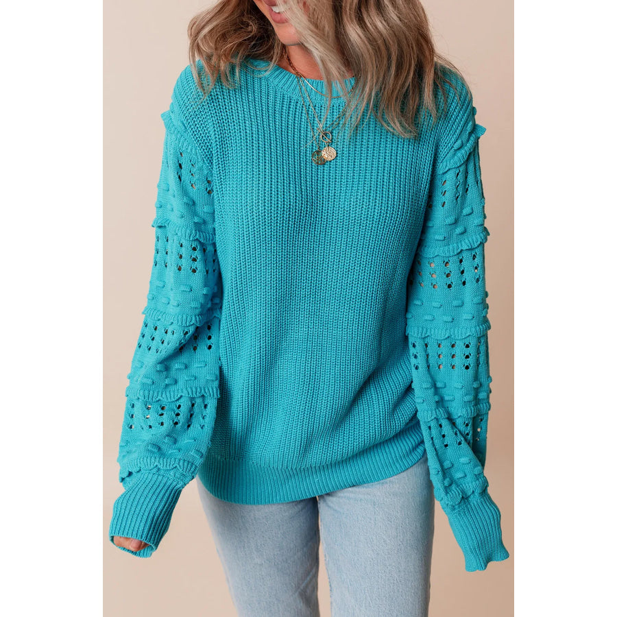 Openwork Frill Round Neck Long Sleeve Sweater Apparel and Accessories