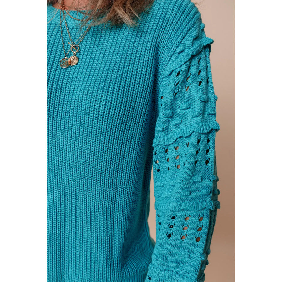 Openwork Frill Round Neck Long Sleeve Sweater Apparel and Accessories