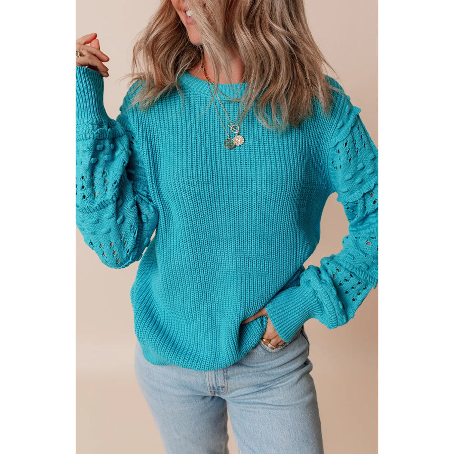 Openwork Frill Round Neck Long Sleeve Sweater Apparel and Accessories